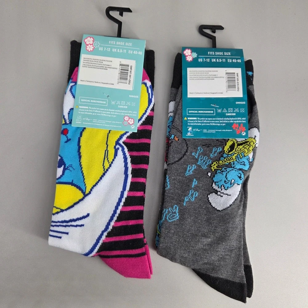 The Smurfs‎ Crew Socks Mens Size 7-12 2 Pair Smurfette Harmony Music Novelty
